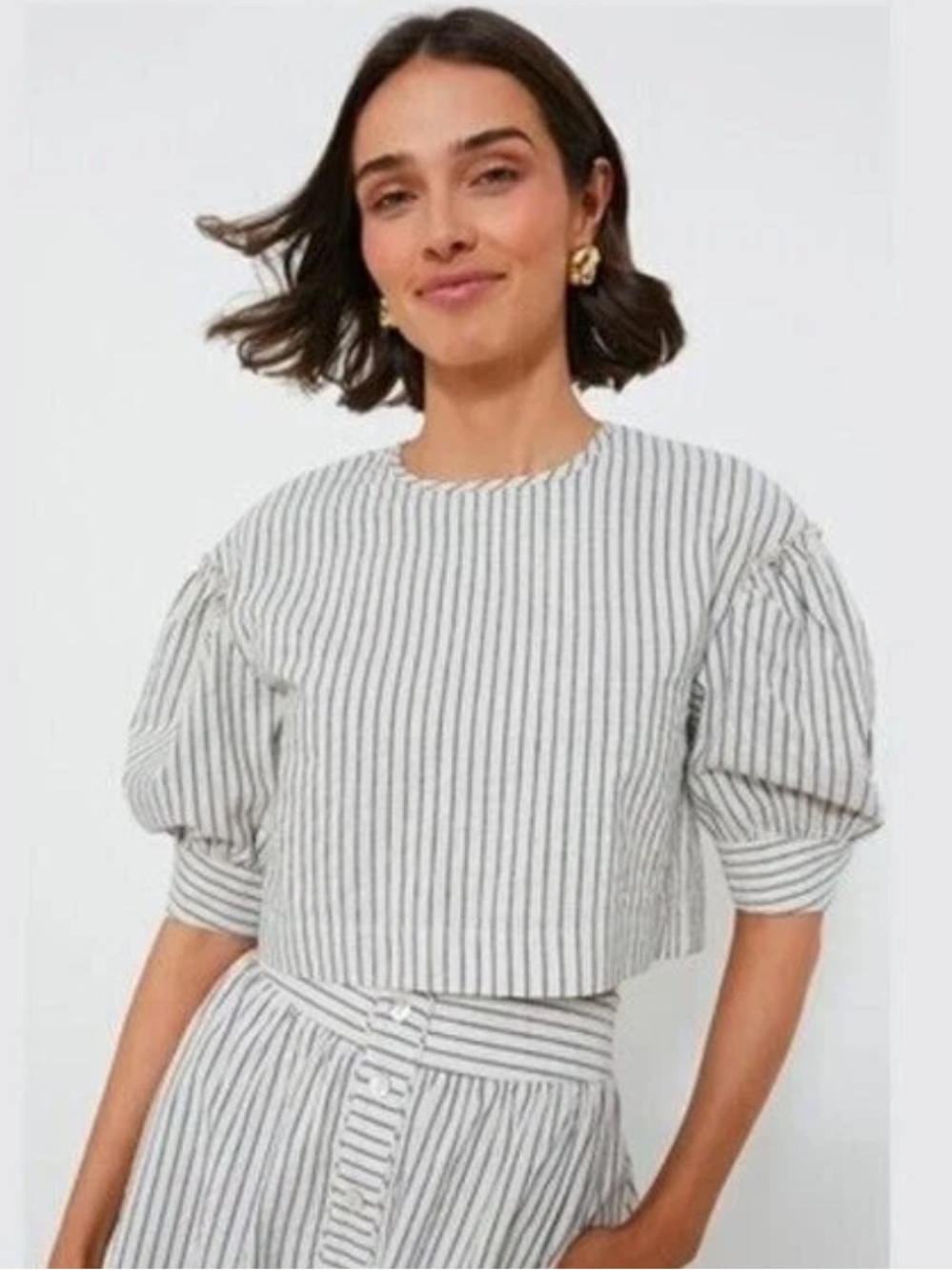 NWT Tuckernuck Edie Puff Sleeve Chic Cropped Blouse Linen Stripes Medium Preppy